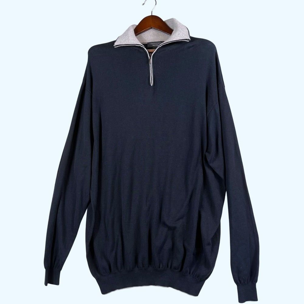 Toscano Mens XLT 1/4 Zip Sweater Cotton Rayon Navy Gray Made Italy Soft Knit
